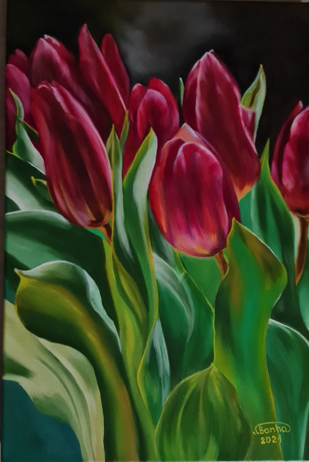 Červené tulipány – olejomalba na plátně 60 × 40 cm by Marija Banha
