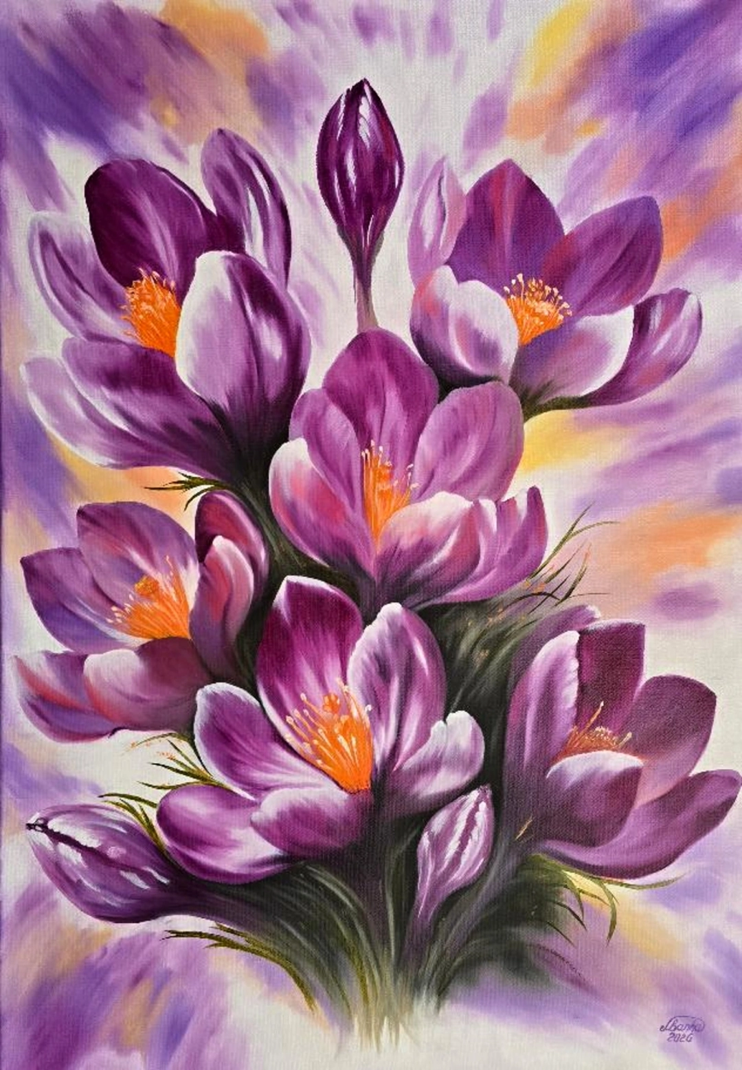 Jarní probuzení krokusů – olejomalba na plátně 70 × 100 cm by Marija Banha