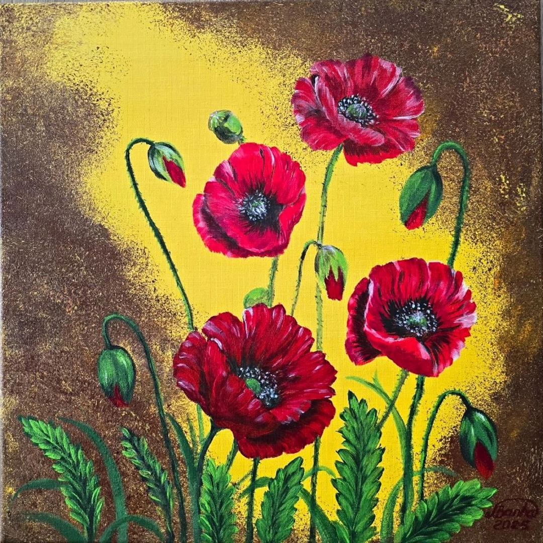 Červené máky ve světle – akryl na plátně 39 × 39 cm by Marija Banha