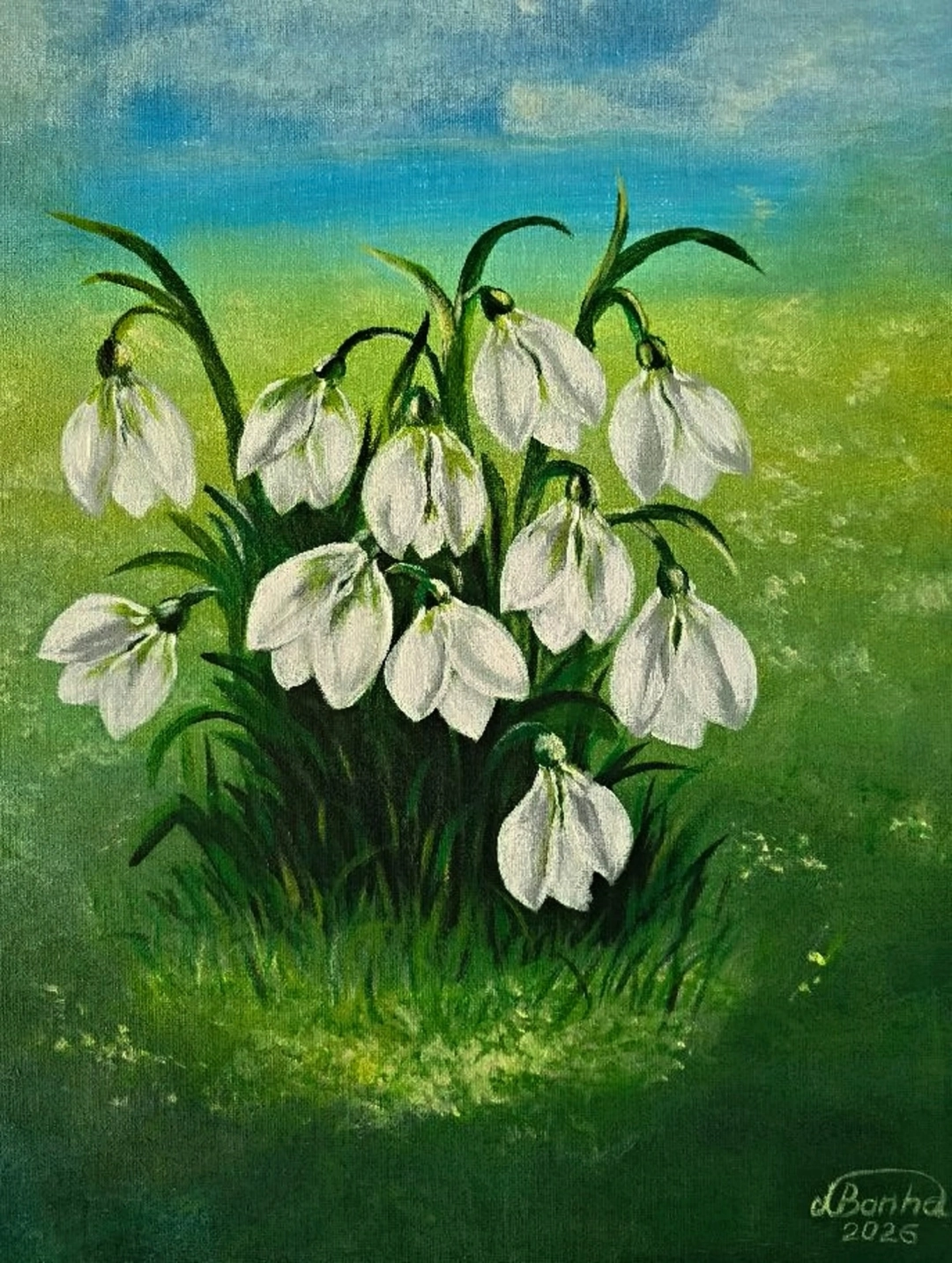 „Sněženky – první dotek jara“ – akryl na desce 30 × 40 cm by Marija Banha